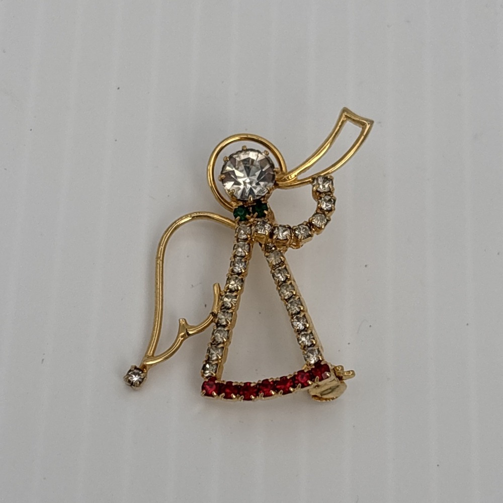 Vintage Rhinestone Angel with Trumpet Gold Tone Brooch Pin Red Clear Green